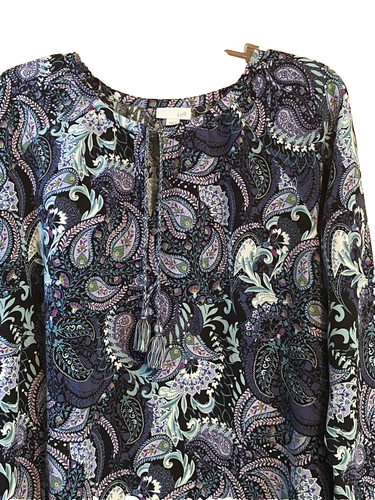 J JILL Blouse LARGE Boho Tunic Top Pullover Paisley Raglan Long Sleeve Blue - Picture 2 of 9