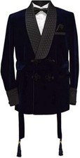 Men Smoking Jacket Blue Velvet Jacket Quilted Smoking Jacket Dinner Blazer