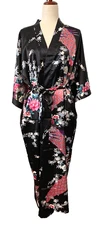 Vtg NWT BABEYOND Satin Kimono Robe Women's M/L Black Floral Peacock Y2K Boho