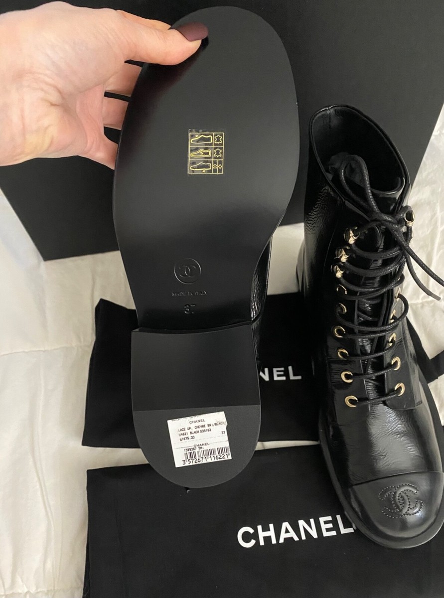 Chanel Combat Lace Up Boots Shiny Goatskin Black & Dark Gray Chanel Combat Lace Up Boots Shiny Goatskin Black & Dark Gray