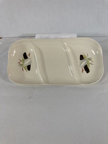 RED WING Pottery Lotus Bronze Relish Pickle Tray Divided 3 Parts MCM 12”X 6” Vtg - Foto 6 di 12