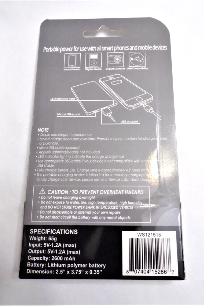 Power Bank Ultra Thin rechargeable barnd new 2600 mAh Gray Micro usb included