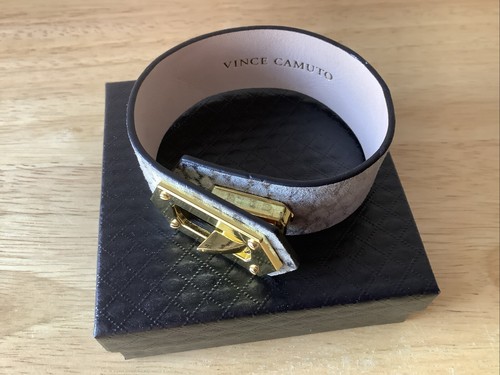 Vince Camuto Bracelet Leather Cuff Grey Metallic Snake Print Gold Tone Lock - Picture 13 of 19