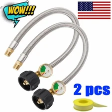 2PCS 15 In Male 1/4" NPT QCC1 RV LP Propane Pigtail Hoses with Gauge Connector
