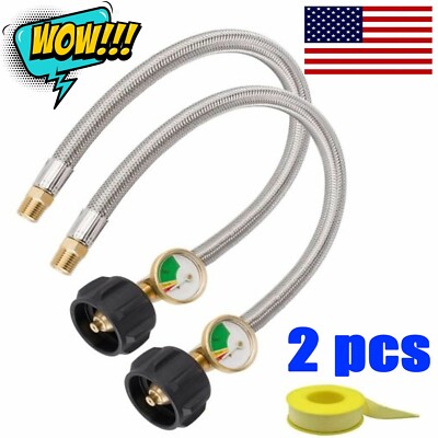 2PCS 15 In Male 1/4'' NPT QCC1 RV LP Propane Pigtail Hoses with Gauge Connector