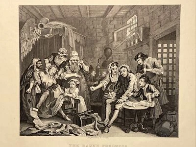 The Rake’s Progress Prison Scene William Hogarth Antik Stahlstich Engraving - Bild 1 von 4
