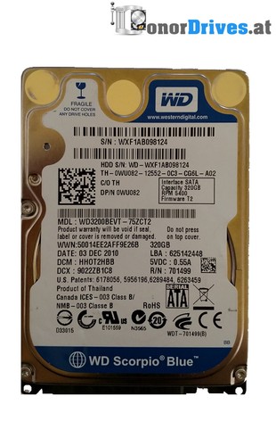 Western Digital -WD3200BEVT-75ZCT2-320GB - SATA - PCB2060-701499-005 Rev.P1*