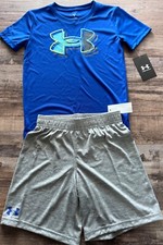 NWT Under Armour Little Boys 7 Royal Blue/Gray/Yellow BIG LOGO Shorts Set