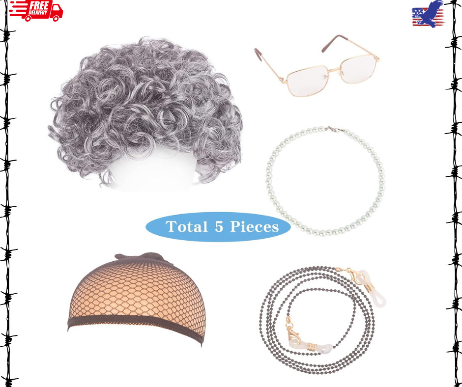 Juego de pelucas de dama vieja, disfraz de dama vieja para mujer niña, disfraz de abuela plateado talla...