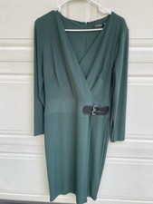 NWT LAUREN RALPH LAUREN Deep Green V-Neck Long Sleeve Faux Wrap Buckle Dress 8
