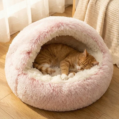Luxury Calming Cat Bed Fluffy Plush Dog Igloo Round Nest Warm Winter Cave
