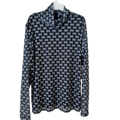 Rafaella Blue Geometric Mesh Turtleneck Lined Blouse Women s Size Large NWT 