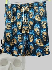men’s size large athletic shorts Blue Skull Heads Elastic Drawstring Waistband