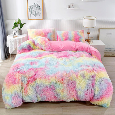 3Pcs Rainbow Girls Bedding Sets Twin Size Ultra Soft Long Hair Plush Shaggy Duve