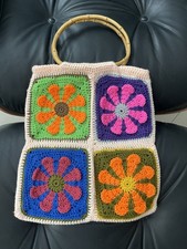 CROCHET KNIT Groovy chic Tote Handbag floral bamboo handle Boho Hippie Purse