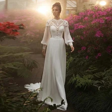 A-line Wedding Dresses High Collar Tulle Cut-Out Zipper Long Sleeve Bridal Gowns