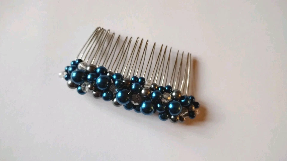 Peine de pelo de cristal azul oscuro perla y cristal gris, dama de honor, graduación, boda Foto 4 de 4