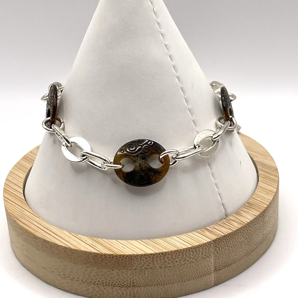 Brighton Lava Lounge Bracelet Silver Tone Chain with Brown Swirl Discs - Image 4 of 4