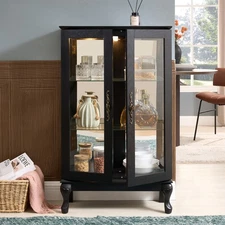 Lighted Glass Curio Cabinet w/ Mirrored Back & Adjustable Shelves - Black