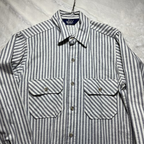 Vintage 90s Woolrich Button Up Shirt White Gray Stripe Chore Outdoor Flannel M - Picture 4 of 14