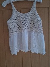 Cream Crochet Cotton Embroidered Peplum Hem Strappy Loose Short Top