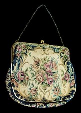 VTG Floral Tapestry Evening Bag Gold-Tone Frame Lucite Kiss Lock 1950s