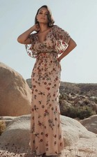 MAC DUGGAL Beige Floral Embellished Short Sleeve Blouson Gown New With Tags 6