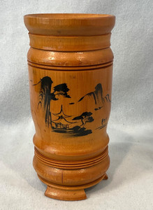 Chinese Carved Bamboo Brush Pot Bitong Landscape Relief & Calligraphy Brown