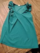 BiBi Ruffle Green Jade Top Blouse High Neck Sleeveless Size Medium USA Made