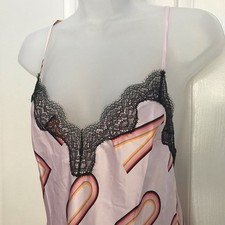 NEW wTag-VICTORIA  S SECRET Pink Print w/Black Lace Trim Chemise L