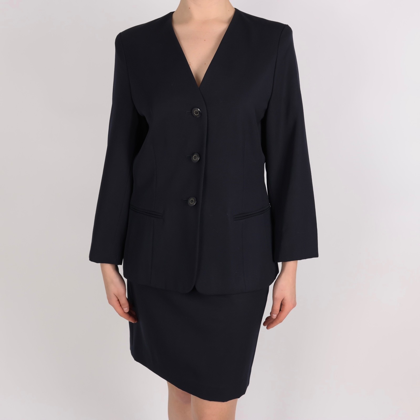 Max Mara Black Wool Skirt Suit Blazer & Pencil Skirt Made in Italy Size L