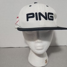 Vintage Ping Hat White Large Spellout Made In USA Leather Adj Strap Golf 1994