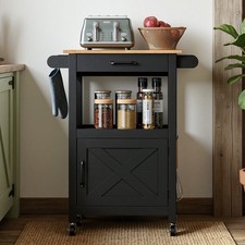 Bonnlo Kitchen Cart on Wheels, Mobile Island w/ Drawer, Barn Door & Towel