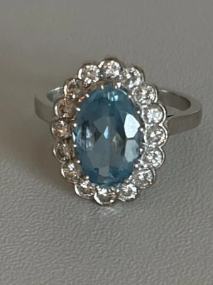7553 - Bague Or Gris Platine Aigue-Marine Diamants - Photo 1/4