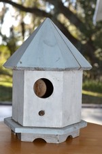 Bird House, Vintage Blue/White Paint, Hand Made All Wood Rustic Country Decor