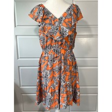 LOFT Orange Ruffle Sleeve V-Neck Elastic Waist Dress Black White Floral Small