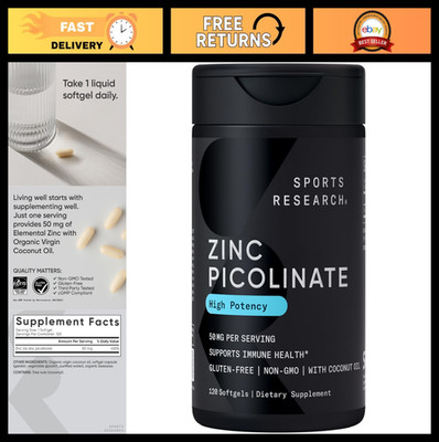 Zinc Picolinate 50mg with Organic Coconut Oil - 120 Softgels for Immune Support