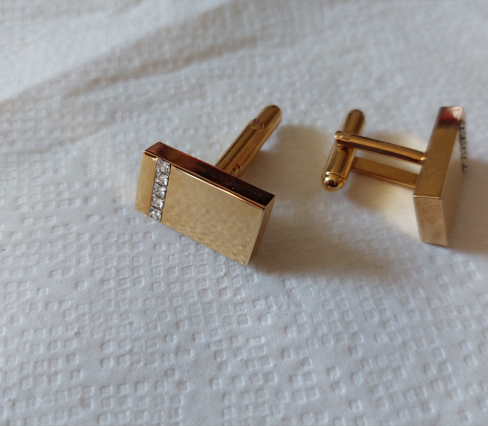 Cufflinks - Classic Rectangular Gold Colour Diamo… - image 3