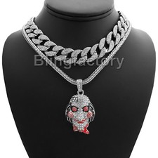 Hip Hop Tekashi69 Saw pendant w/ 18" Franco Chain  Full Iced Cuban Choker set