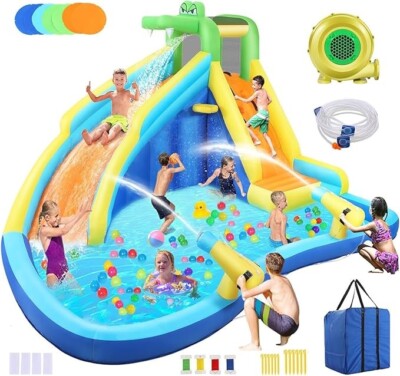 Inflatable Water Slide with Spray Pool, 2 Water Guns, Climbing Wall, Basketball