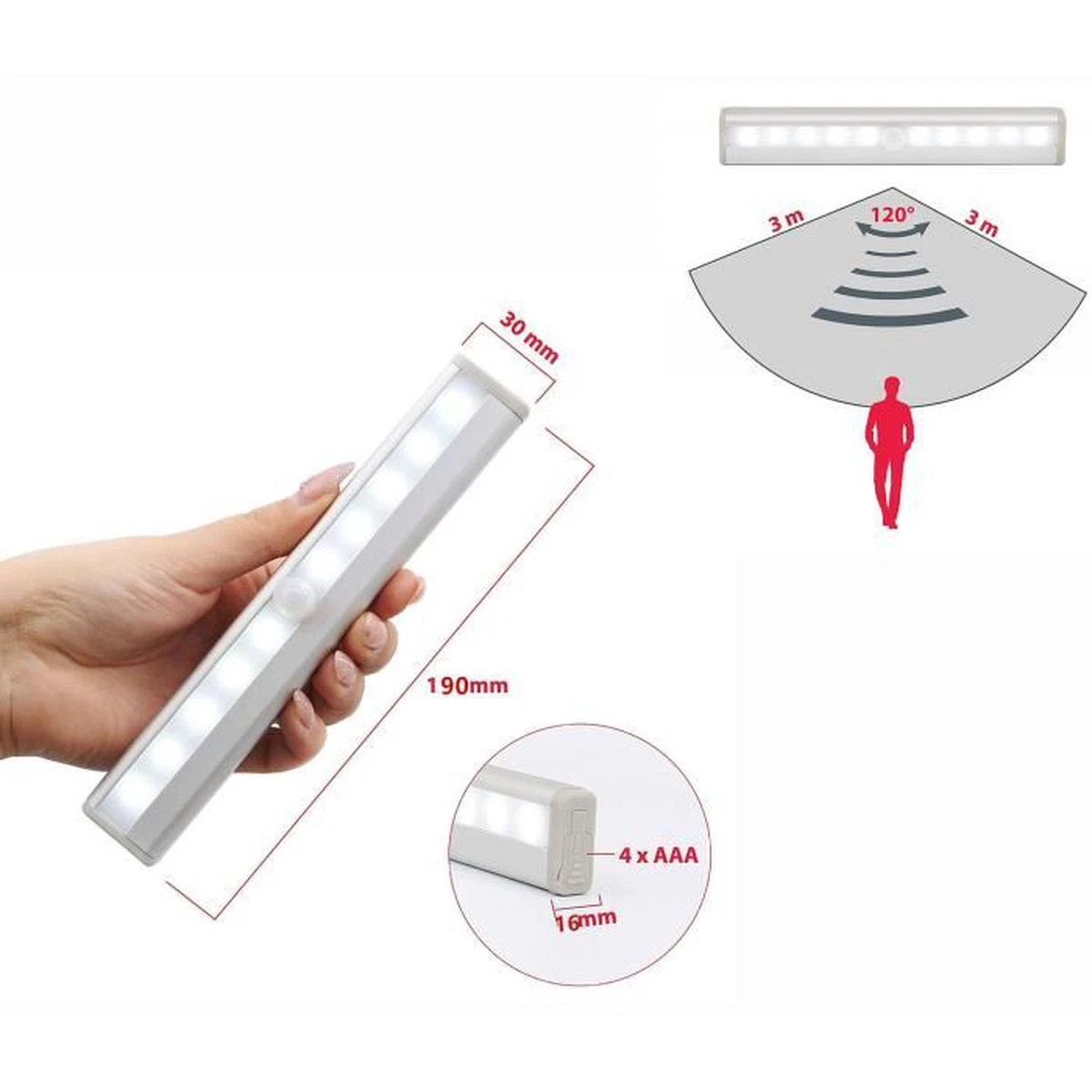 3 Ajuste de luz LED detector de movimiento iluminación seguridad armario Pilas