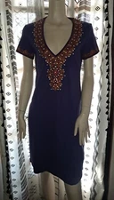 NWOT Vtg Moda International Dress 90s Medium Blue Embroidery Rhinestones V Neck