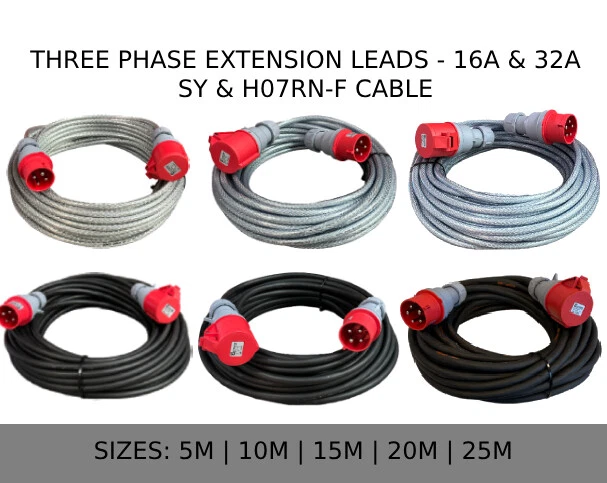 ALL 3 PHASE EXTENSION LEAD 16A 32A 400V EXTENSION LEAD 4 PIN 5 PIN HOOK UP LEAD