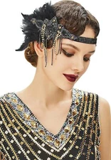 BABEYOND 1920s Flapper Headpiece 20s Gatsby Black Feather Headband Gold 