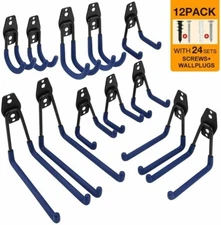 Garage Hooks Heavy Duty - Steel Garage Storage Utility Double Hooks 12 Pack Blue