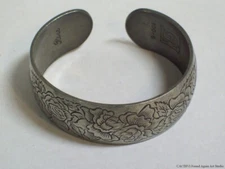 Retro Rose Cuff Bracelet Vintage Kirk Stieff Pewter June Flower Bud Silver Gray