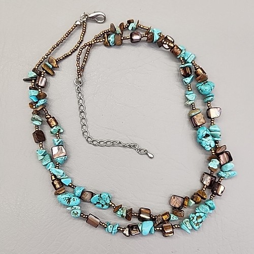 Beaded Necklace Faux Turquoise Blue Chip Tiger's Eye Shell Layered Jewelry 21" - 第 6/15 張圖片