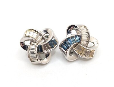 Rare Vintage Crown Trifari Sapphire Blue Rhinestone Knot Clip On Earrings Gift