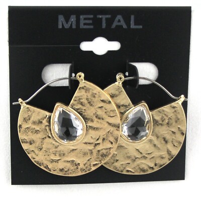 Kohl's Metal Earrings Gold-tone Hammered Hoop with Clear Teardrop  Rhinestones