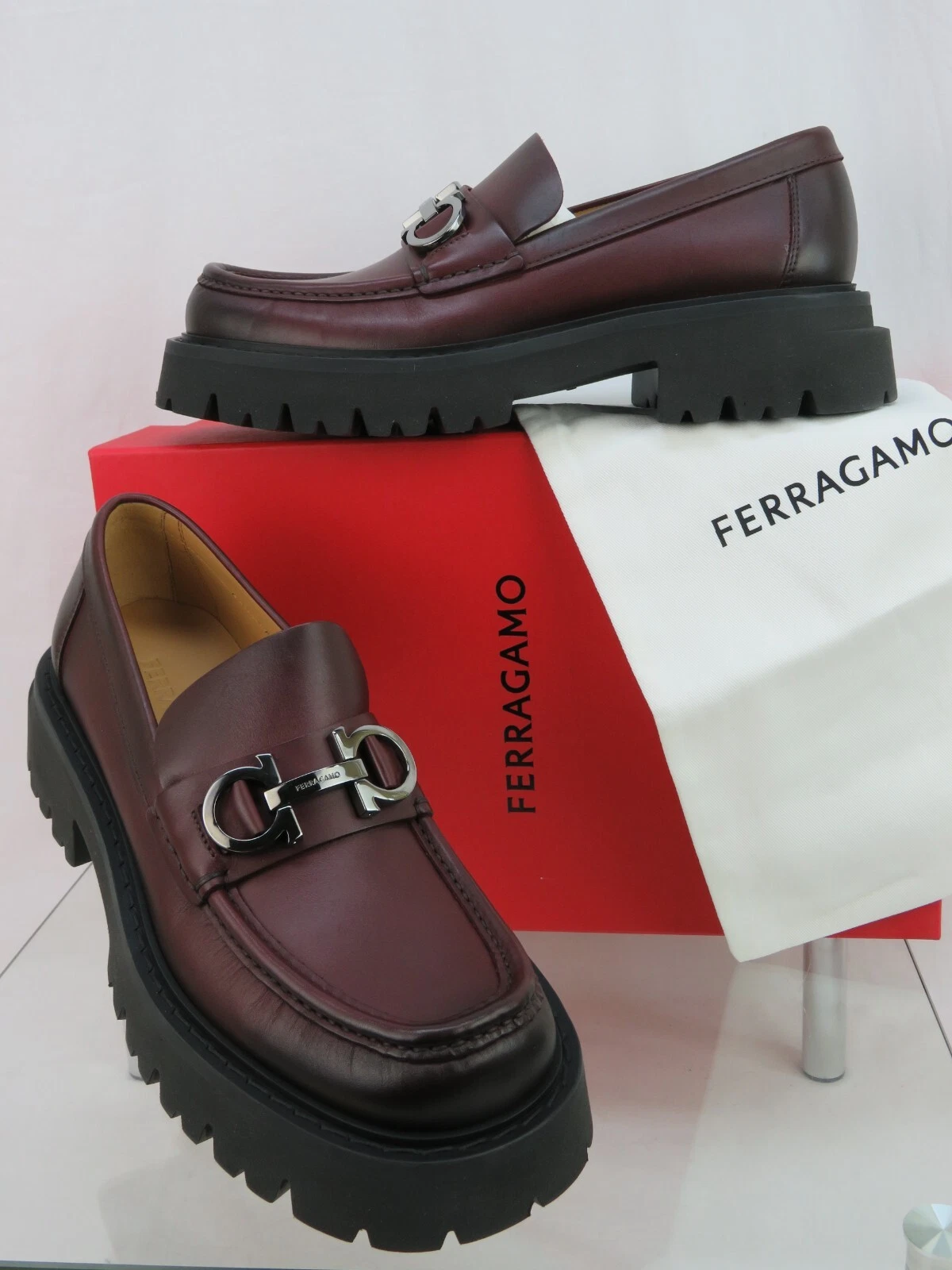 Ferragamo — FERRAGAMO BURGUNDY LEATHER FLORIAN LUG SOLE GANCINI BIT LOGO LOAFERS 12 D ITALY